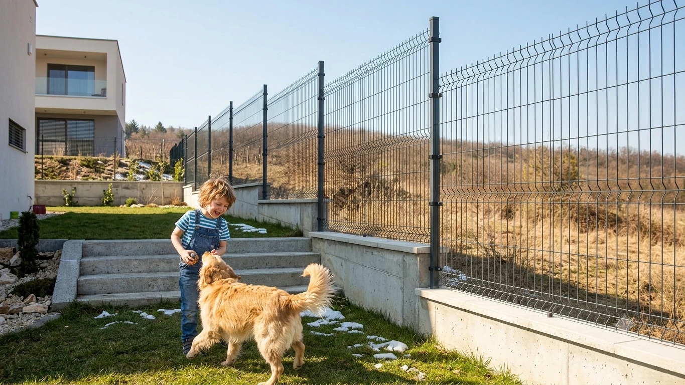 Deti a pes pri rodinnom dome s bezpečným oplotením pozemku